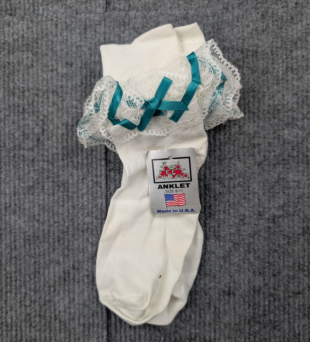 Vintage Lace Ruffle Socks Womens 9-11 Nylon Coquette White Teal Ribbon Girly Y2K
